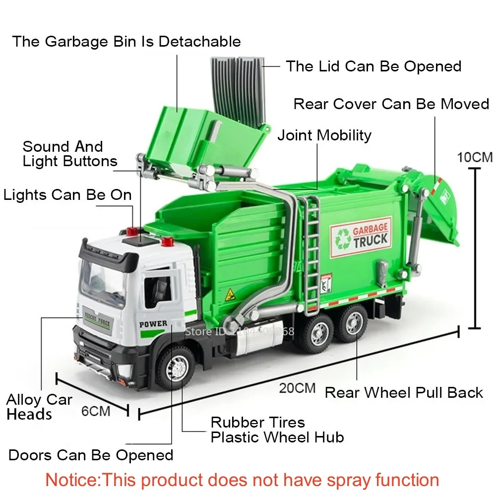 Schaal 1:32 Stedelijke Vuilnis Recycling Brandweerwagen Automodel Speelgoed Geluid Licht Trek Sanitaire voorzieningen Techniek Voertuig Jongens Geschenken