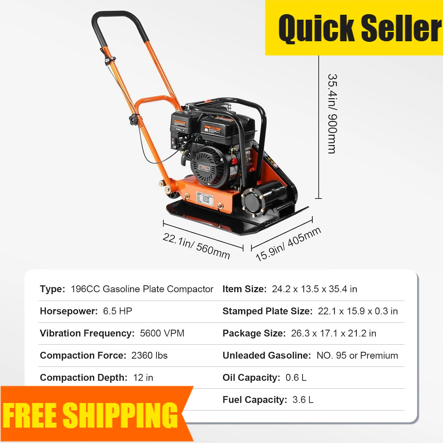 

Суперскидка! Виброплита 6.5 л.с., двигатель 196 куб. см, вибрационный уплотнитель 2360 фунтов, пластина 22.1x15.9 дюймов, Power Jumping J