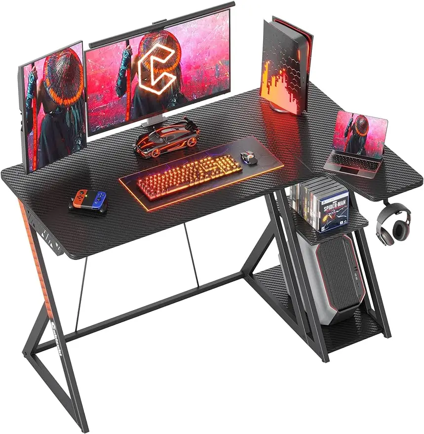 Aurora Gaming Desk with Carbon Fiber Surface, 40 Inch L Shaped Desk with Storage Shelves