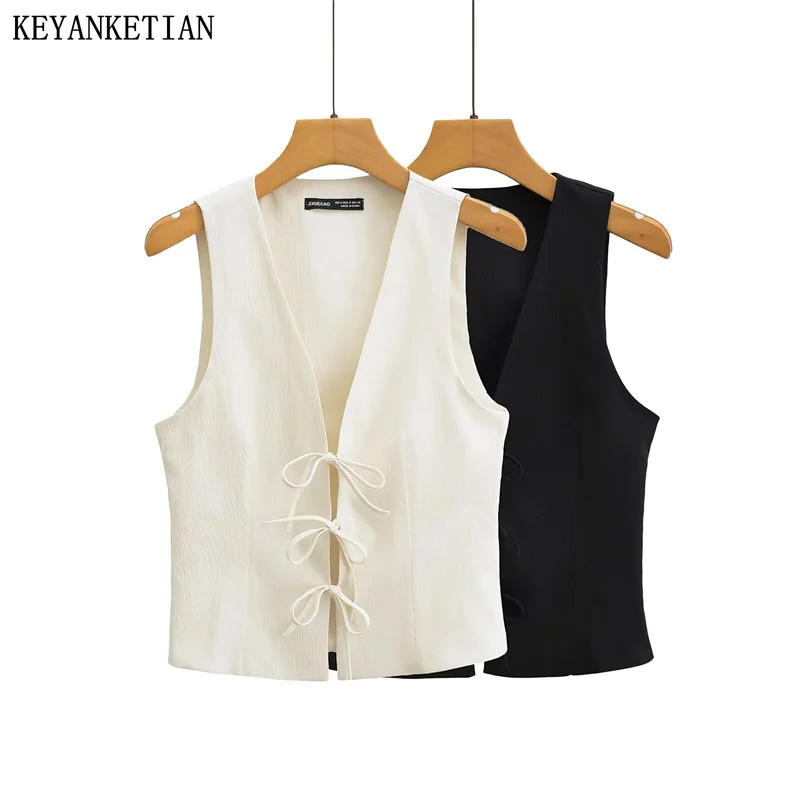 

KEYANKETIAN 2024 New Launch Front Knot Bow Decoration Waistcoat Fashion Summer V-Neck Vest Women's Slim Sleeveless Crop Top