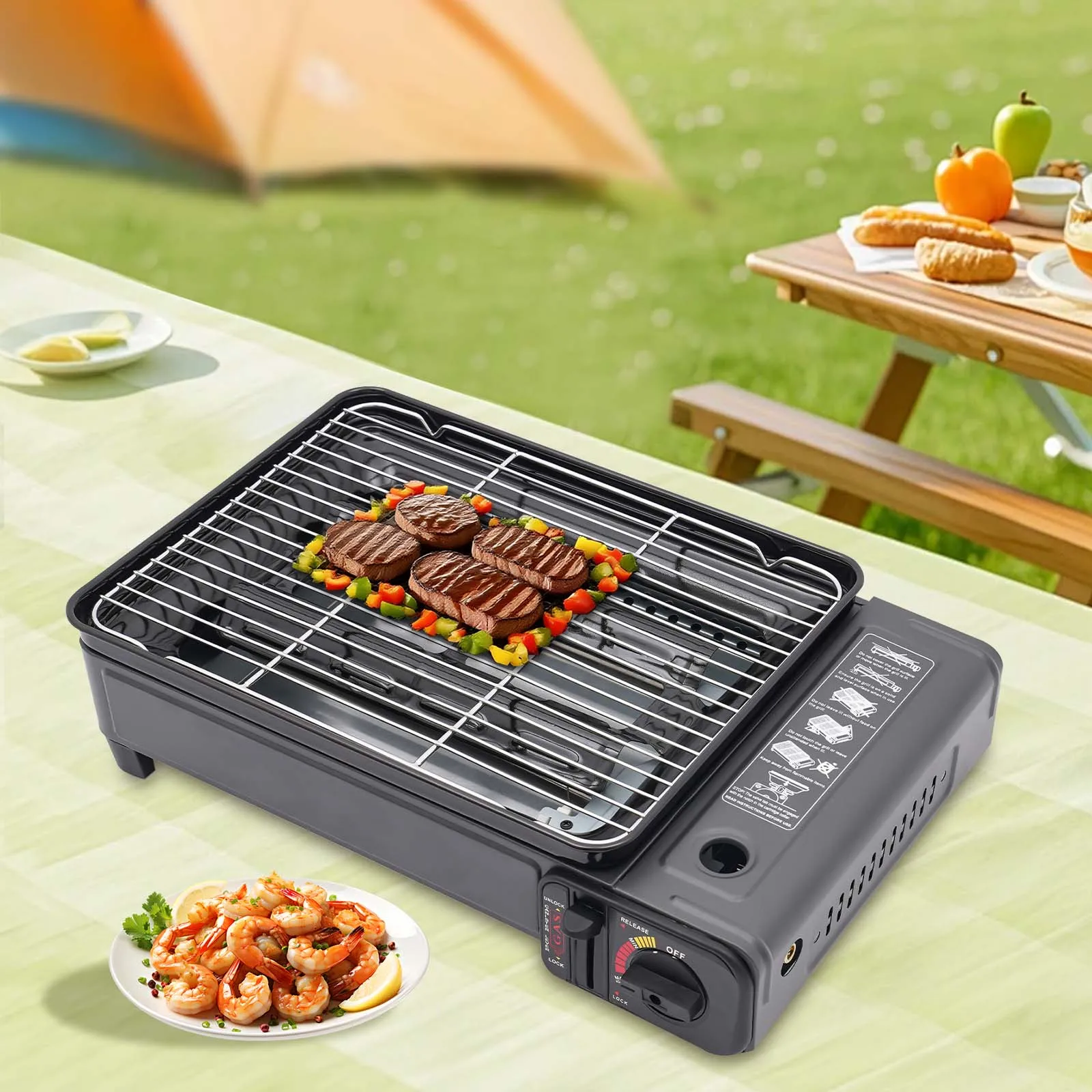 

Portable Butane Grill Stove Camping Grill Gas Stoves Adjustable Firepower for camping, traveling, trekking, and outdoor cooking