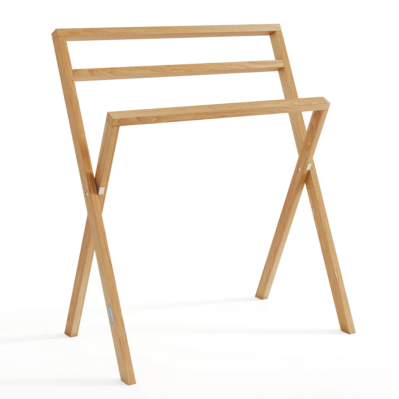 

Freestanding Towel Rack Foldable Teak Wood Blanket Holder w/ 3 Hanging Crossbars