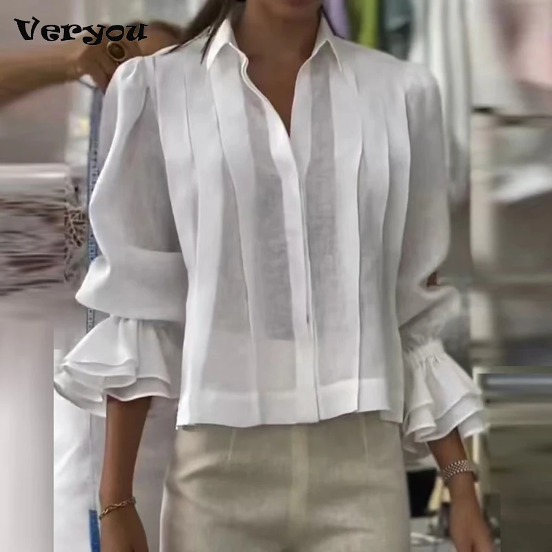 

Summer Fashion Turn Down Collar Puff Sleeve Loose Blouse Women Casual Pleated Crop Tops Female Button Shirt Women 3/4 Sleeve Top