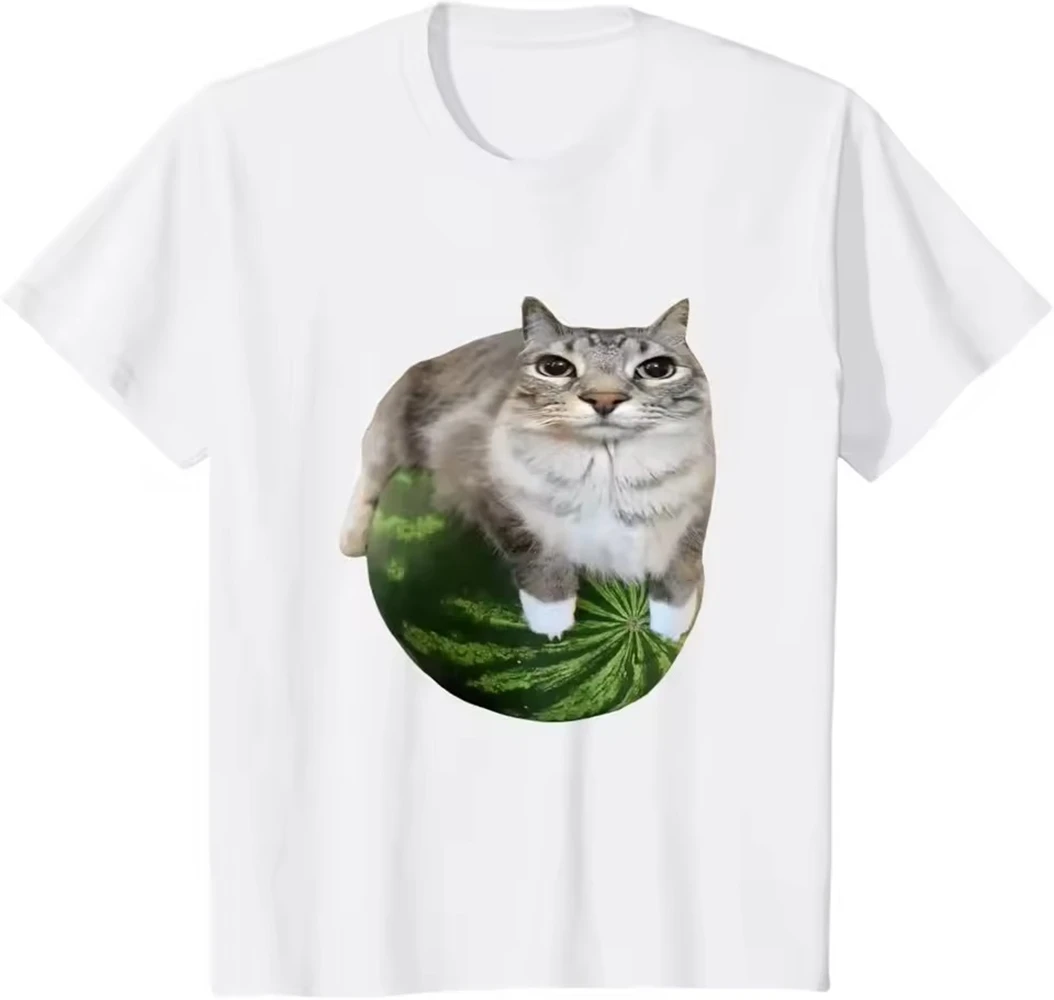 Watermelon Cat Silly Cat Meme Tee Shirt Homme New in Top Men Clothing short sleeve Round Neck Printing Pullover T-Shirt 50249