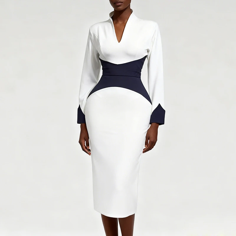 

Stand up collar deep V-color contrasting long sleeved dress with minimalist design fashionable party evening gown