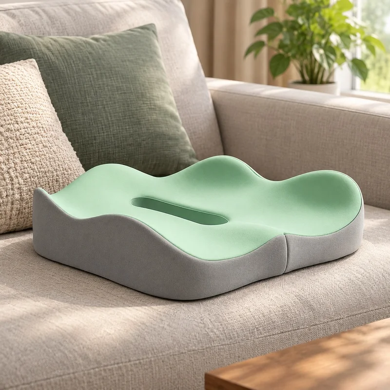 Comfortable 3D Memory Foam Cushion with Removable Polyester Cover for Car and Office Seating, Light Green & Grey