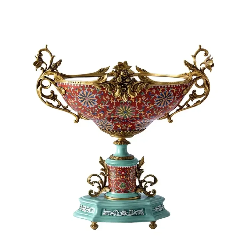 Modern Blue and White Ceramic Art Deco Tabletop Flower Vase and Brass Ornament for Home Decoration