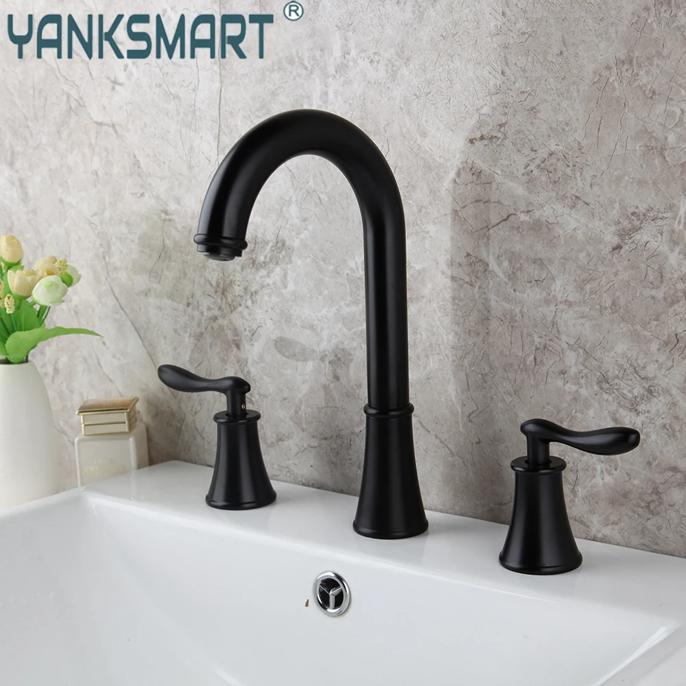 

YANKSMART 3 Pcs Bathroom Faucet Deck Mounted Bathtub Torneira Basin Hot and Cold Faucets Matte Black Vanity Sink Mixer Water Tap