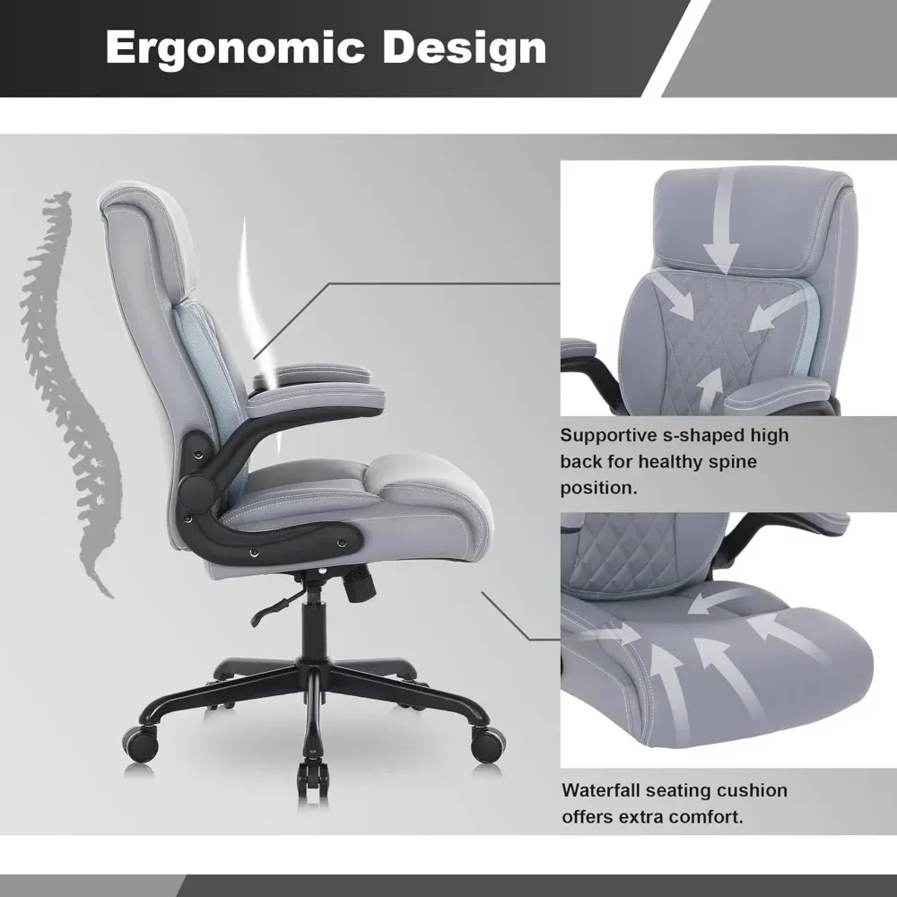 Kursi komputer kulit PU dengan penyangga pinggang, kursi meja rumah kantor ergonomis, sandaran lengan lipat, dan tinggi yang dapat disesuaikan.