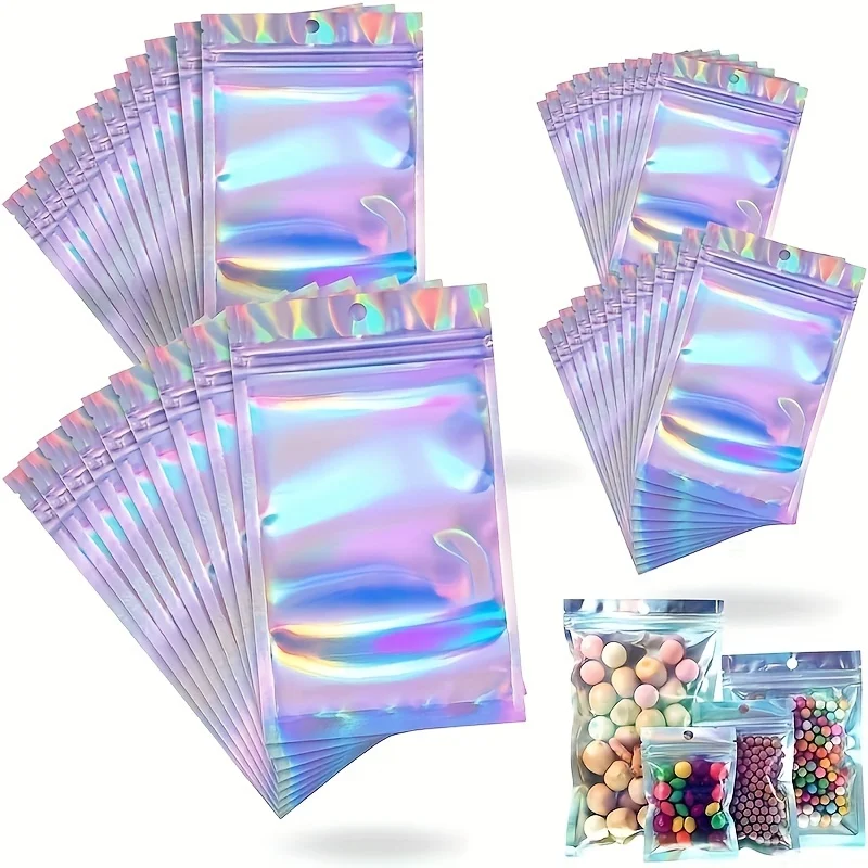 Paquete de 20 Bolsas Holográficas a Prueba de Olores, Bolsas con Cierre Hermético para Alimentos y Dulces, Bolsa de Almacenamiento con Cierre de Rosca, Bolsa para Regalos y Snacks
