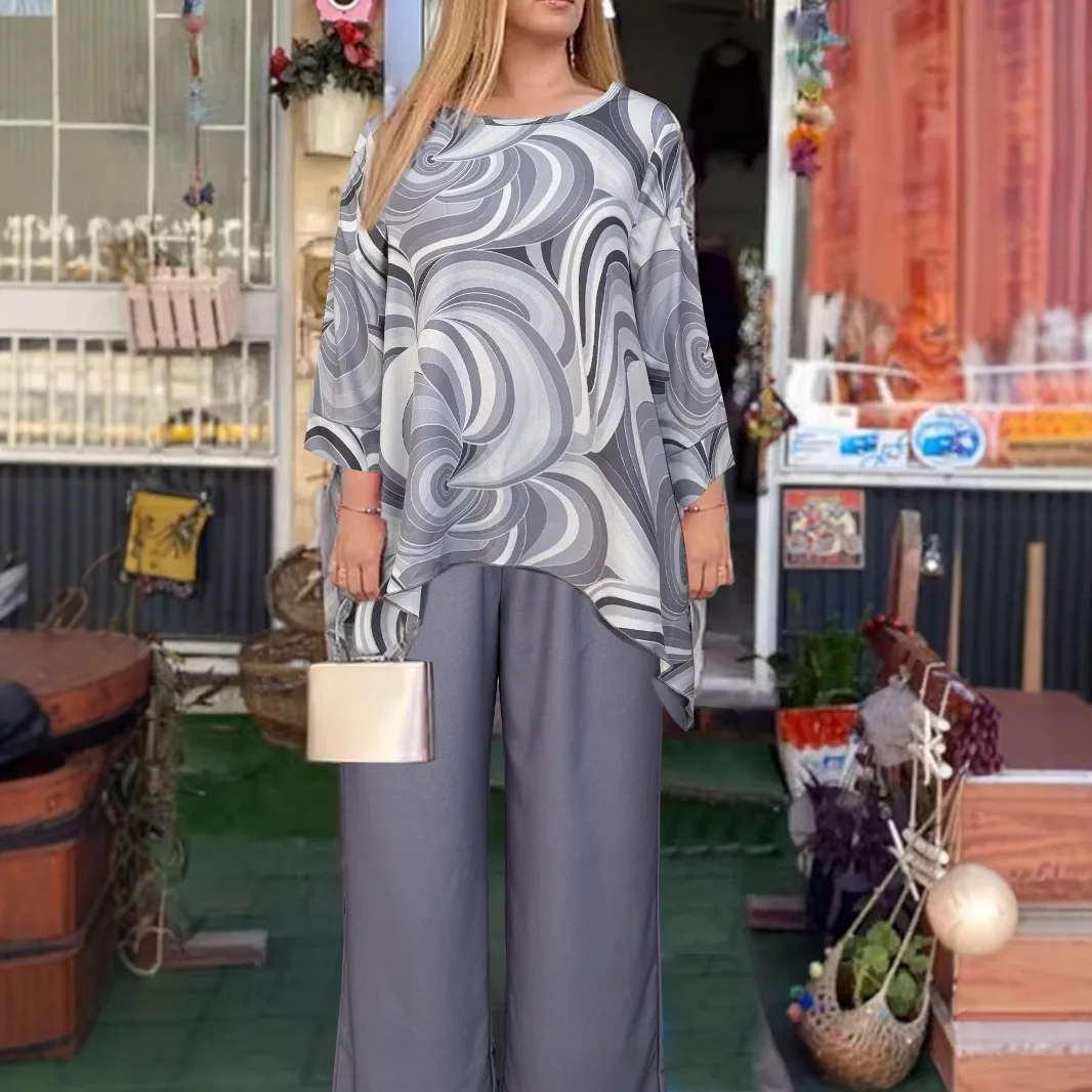 

Women 2 Piece Sets Blouse Wide Leg Pants Print Suit Office Lady Autumn Outfits Batwing Sleeve Irregular Top Trousers Ensemble
