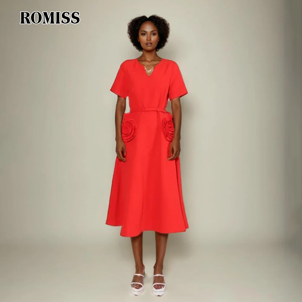 

ROMISS Solid Patchwork Appliques Elegant Dress For Women V Neck Short Sleeve High Waist Spliced Belt Long Dress Female Fashion