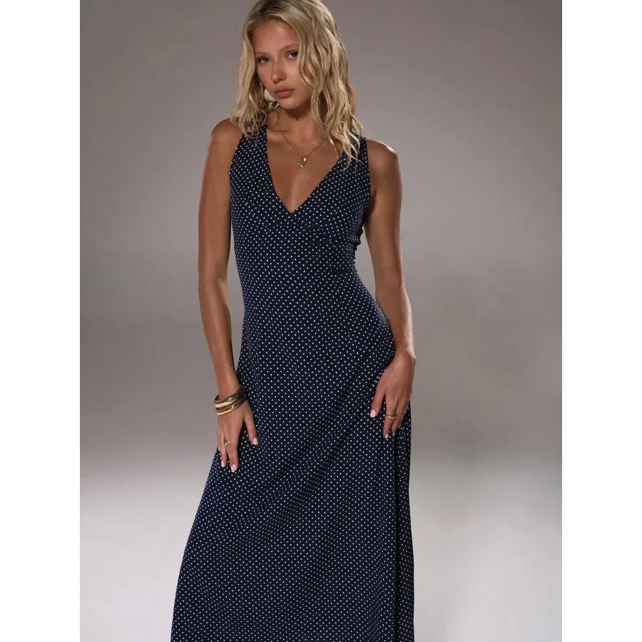 

【New style】 MOOSTA Retro Polka Dot Print V-Neck Slim Fit Long Dress