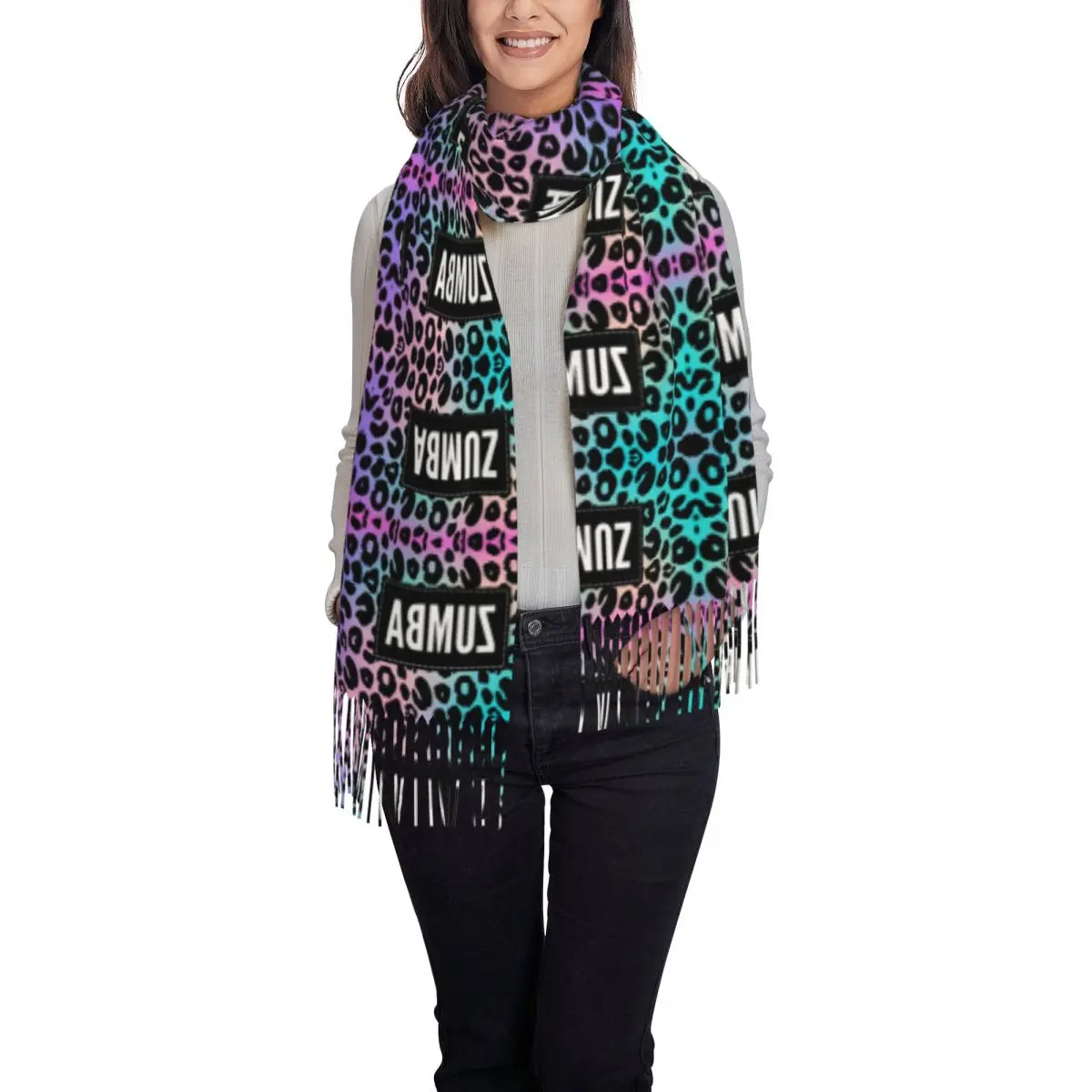 Custom Colourful Zumbas Dance Leopard Tassel Scarf Women Soft Shawl Wrap Female Winter Fall Scarves