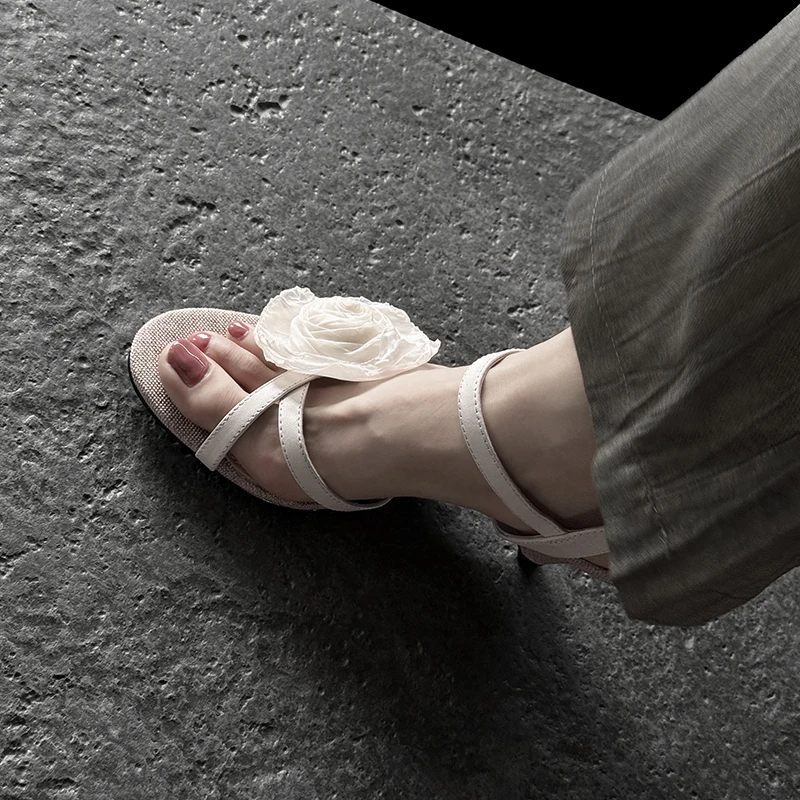 2025 Summer Holiday style flower sheepskin Wedges Sandals Round toe Open toe High-heeled word-cingulate Sandals