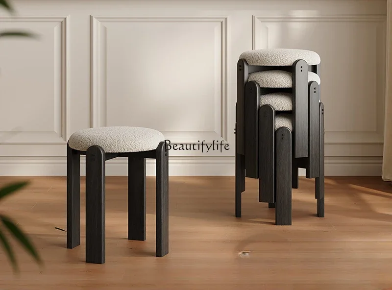 01 حقيبة مستحضرات التجميل الناعمة المصنوعة من الخشب الصلب، مقعد طعام أسود، يمكن تكديس غرفة المعيشة ذات المقعد العالي