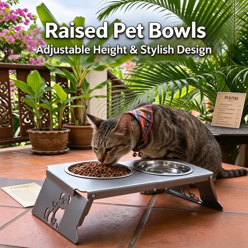 Collapsible Elevated Pet Feeding Station (with Removable Metal Bowls) — Ergonomically designed raised food and water bowl stand for cats and dogs; non-slip and tip-resistant; suitable for small to medium-sized pets.