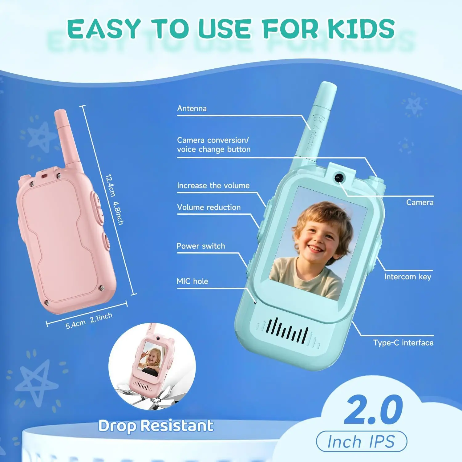2Pcs Children Video Walkie Talkie HD Real-time Video Call Wireless Intercom No Need SIM Card Long Range Conversation Kids Birth