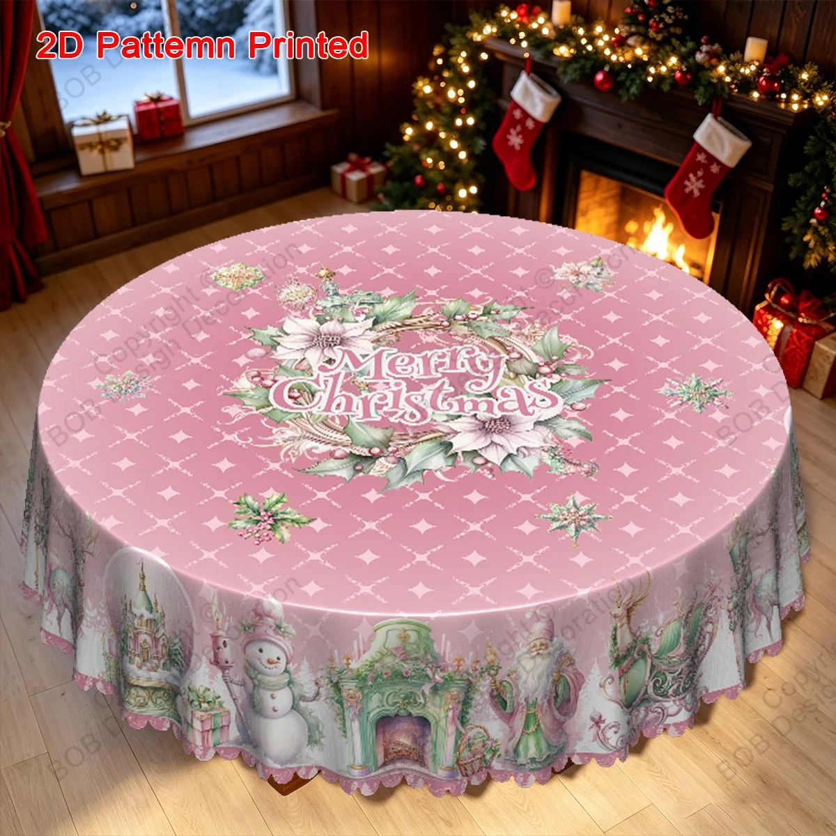 1 piece, Merry Christmas themed tablecloth, light green dreamy Christmas illustration with Santa reindeer and sleigh print