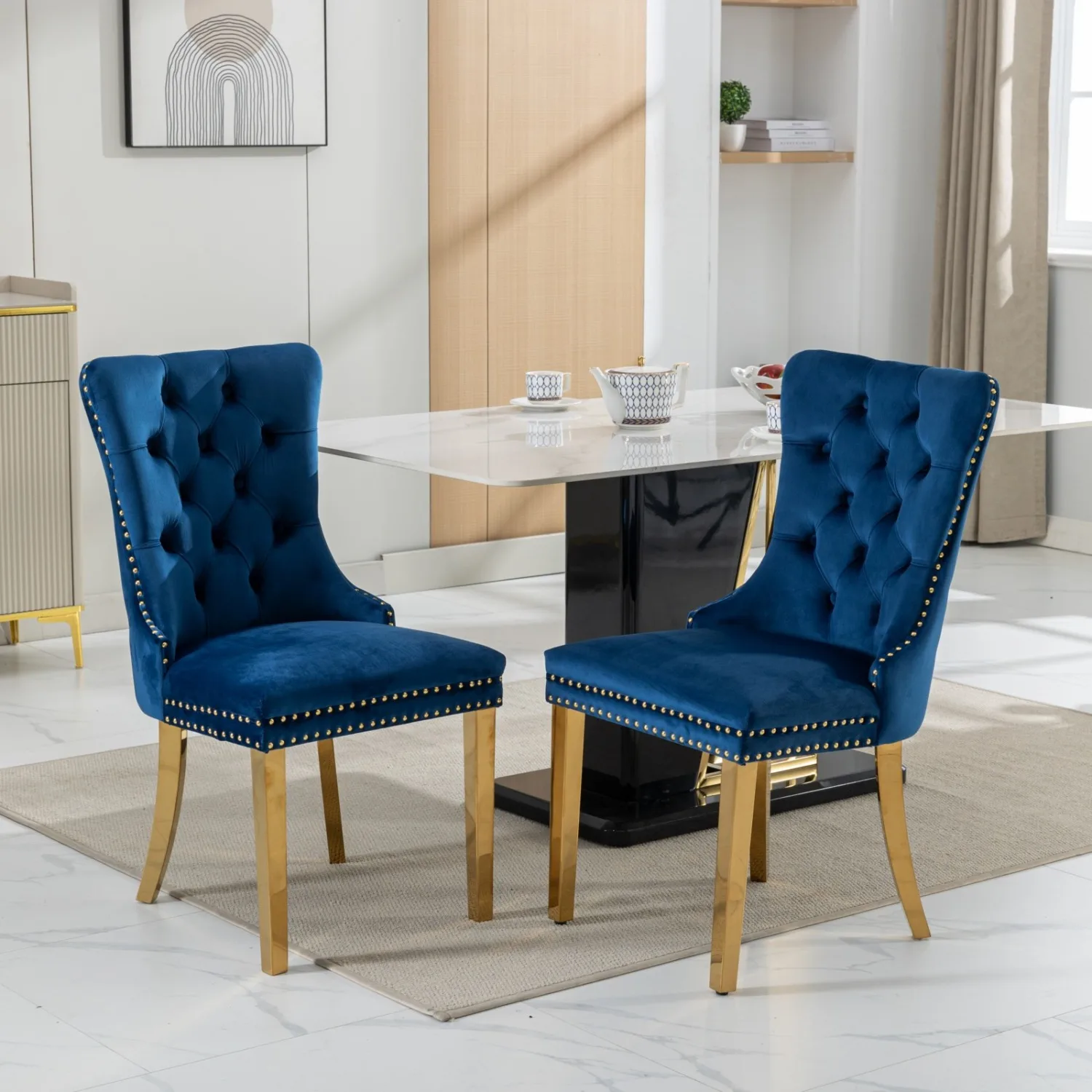 A&A Furniture,Nikki Collection Modern, High-end Tufted Solid Wood Contemporary Velvet Upholstered Dining Chair with Golden Stain