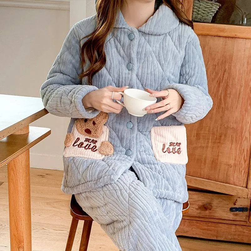 

2024 New Coral Velvet Pajamas Women Winter Sleepwear Famale Three-layer Padded Cotton Plus Sweet Warm Flannel Home Service Suit