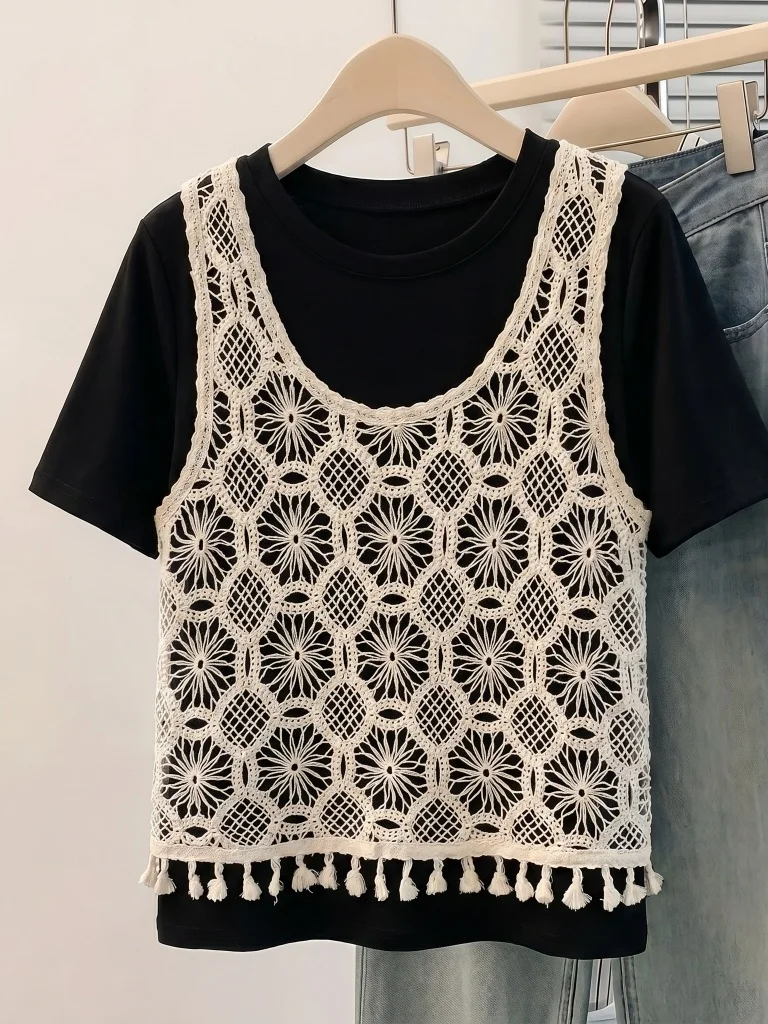 レースフックワーク中空半袖Tシャツ レディース 夏新作 プラスサイズ 大きいサイズ MM フェイクツーピース トップス 韓国風 ルーズフィット 1