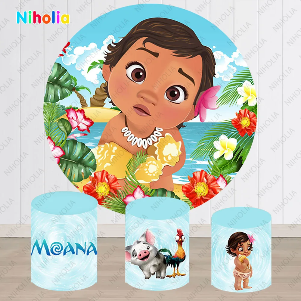 Disney Moana Princess Circular Backdrops Covers Girl Newborn Birthday Summer Ocean Photo Round Background Baby Shower Cylinder