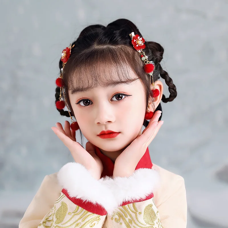 Chinese-style Hanfu Accessories Hairball Hairpin Children\'s New Year Simple Leaf Pendant Antique Headwear Fairy Hair Accessories