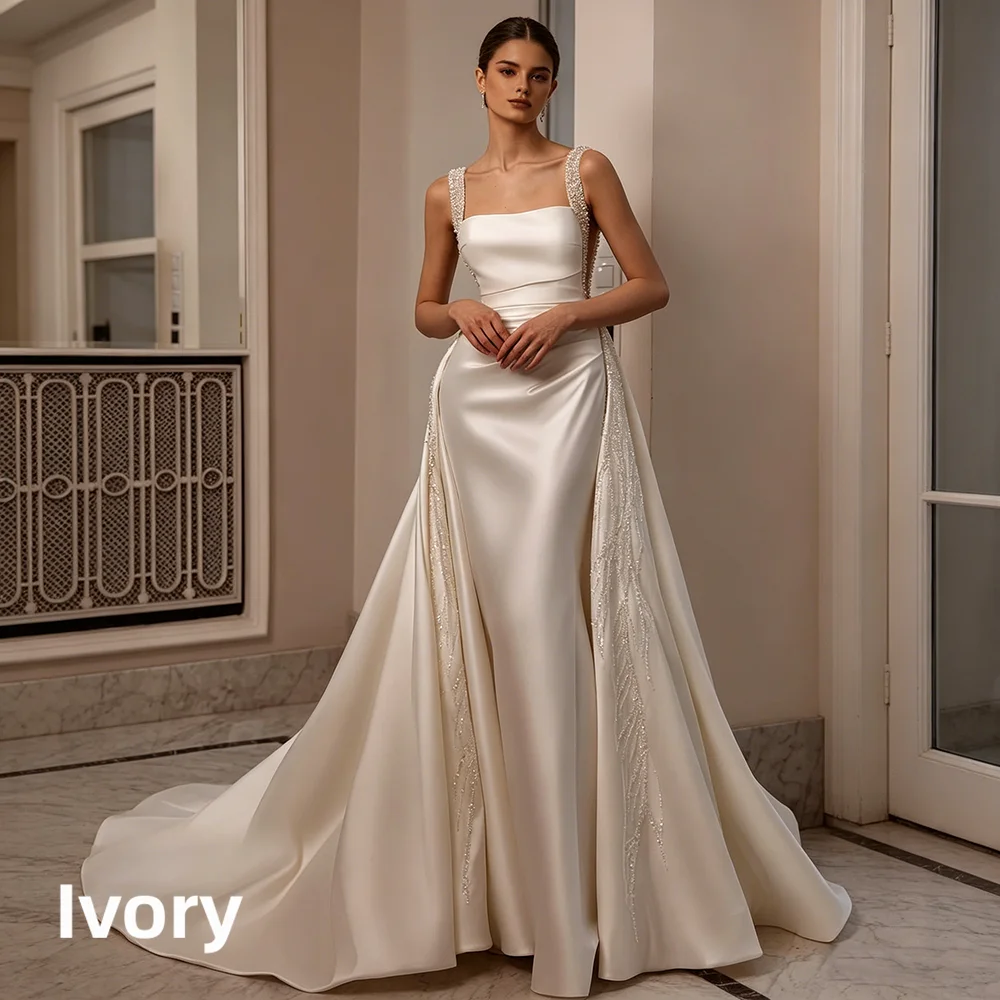 Satin Mermaid Wedding Dress Beaded Strap Square Neck V Back Detachable Overskirt Bridal Gown For Wedding Elopement Shoot 2026