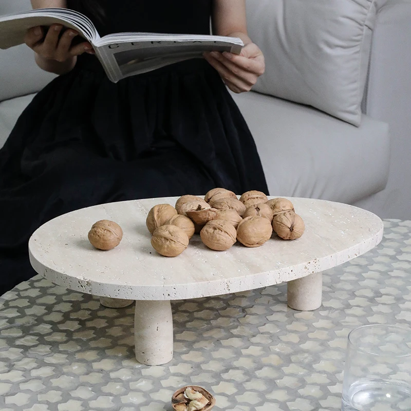 Creative natural travertine high-foot tray decorative storage tray dining table dessert table ornament