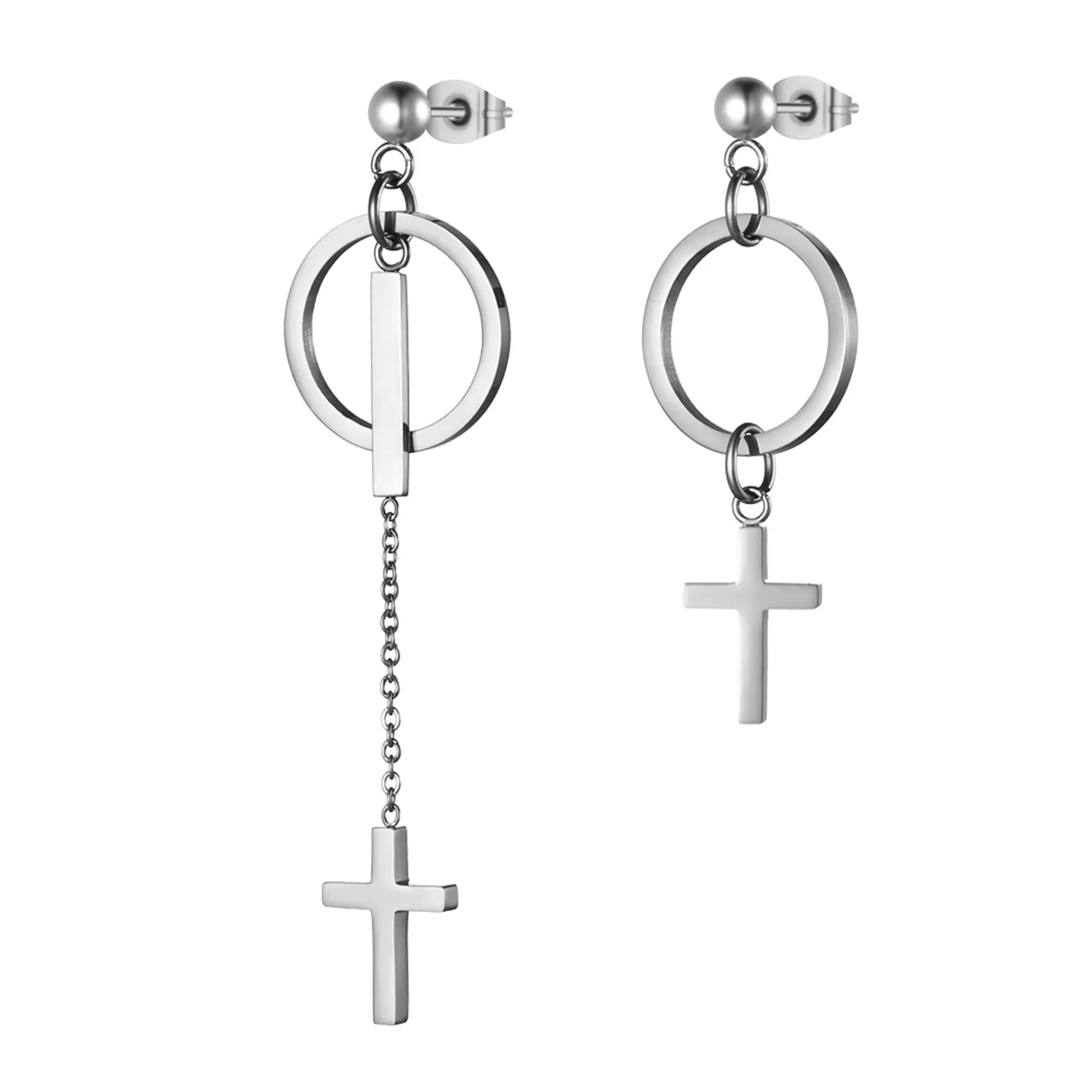 Boniskiss 2022 Unique Personality Stainless Steel Cross Circle Ladies Asymmetric Long Earrings Silver Color Jewelry Gift