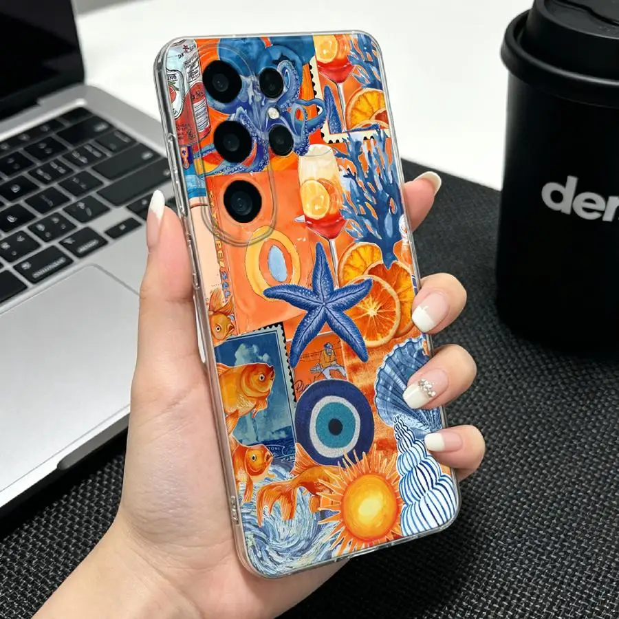 Phone Cover Case for Samsung Galaxy S26 S20 Plus S22 FE Note 20 Ultra 10 S25 Edge S21 S24 S23 Ultra Orange Blue Ocean Collage