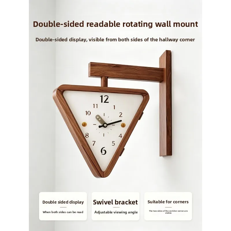 Wooden Style Wall Clock Double Sided Corner Clock Artistic Triangle Living Room Creative Factory Direct Home Decor Modern New
