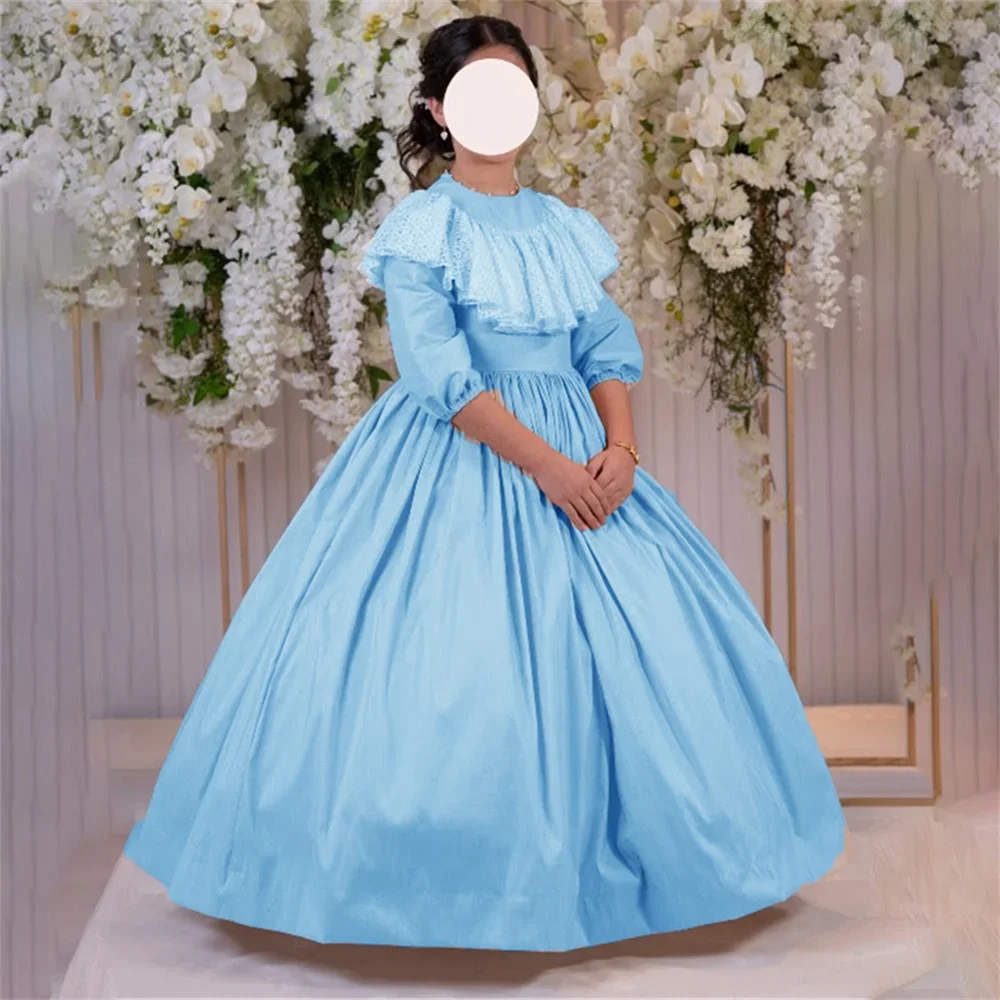 

Elegant Little Princess O Neck Lace Half Sleeve Satin Fluffy A Line Communion Floor Length Formal Flower Girl Dress Customized