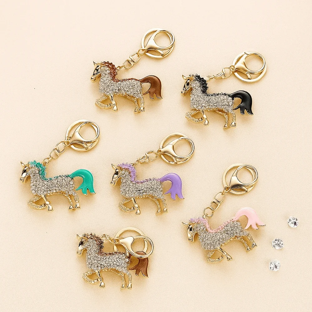 Decorative Metal Horse KeyChain Sparkling Rhinestones Colorful Horse Pendant Keychain Horse Mascot Animal Key Ring New Year Gift
