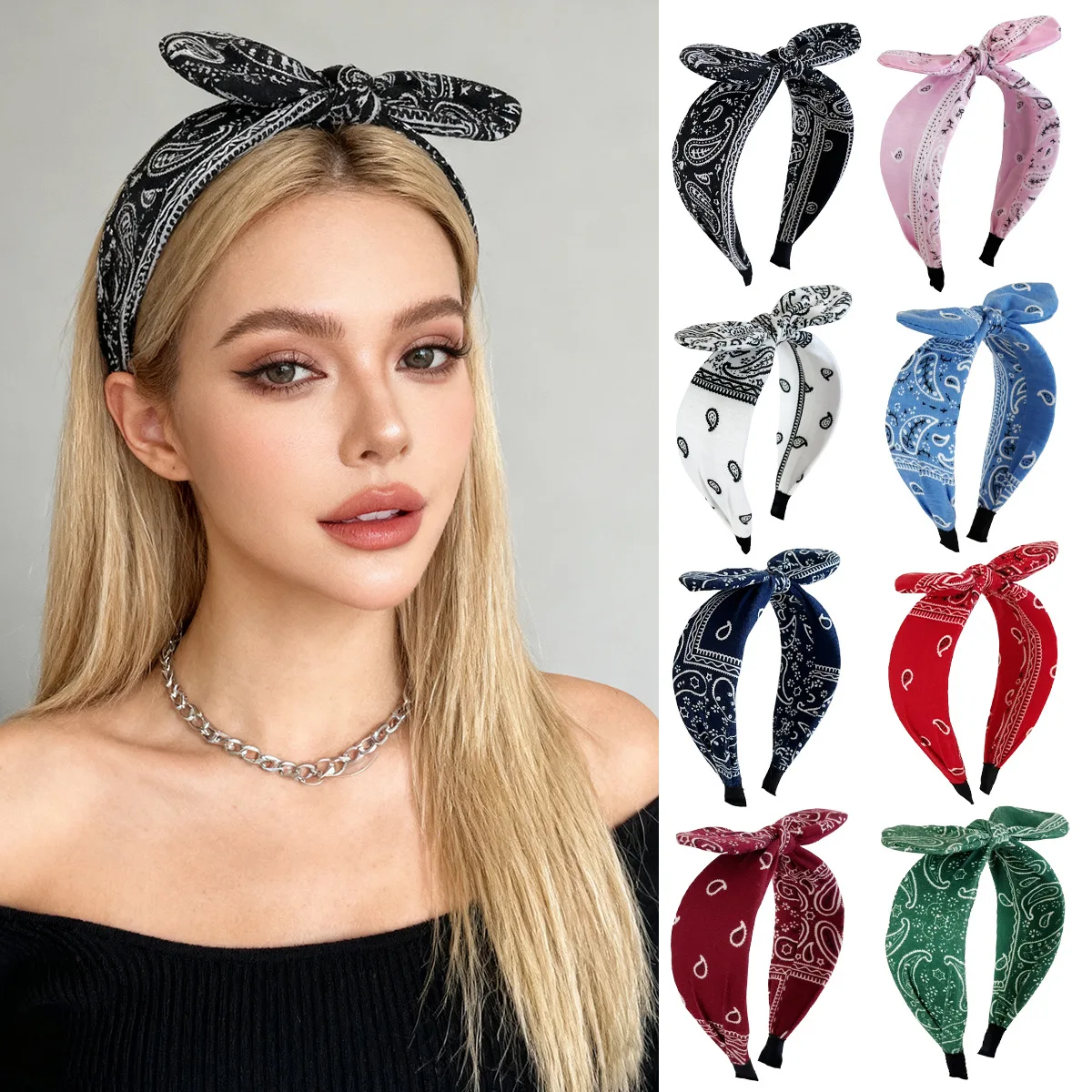 

Vintage Paisley Headband Bow Wide Rabbit Ear Hair Band for Women Versatile High Crown Hair Clasp Headwear Sturdy