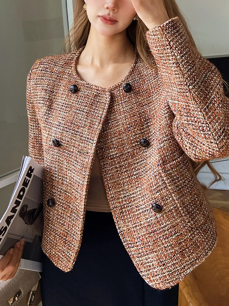 Dabuwawa Double Breasted Tweed Coat Vintage Women 2023 New Collection O Neck Jacket Light Weight Fancy Suiting DM1COT019