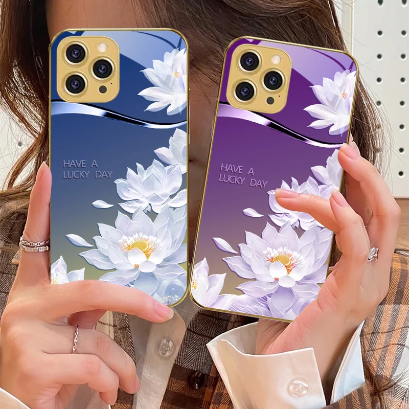 

Gradient yellow lotus For IPhone 16 16Pro Max 15 P ro 14 13 Plus 12 Mini 11Pro Max XS Max XR Golden tempered glass phone case