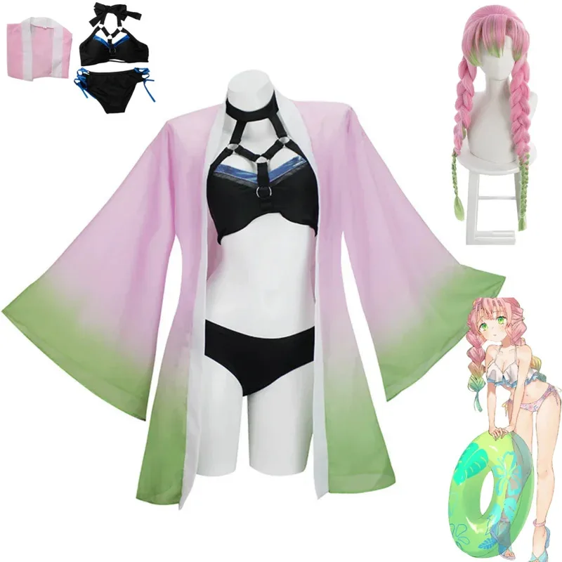 Anime Kanroji Mitsuri Cosplay Kostüm Sommer Tag Strand Badeanzug Sonnencreme Jacke Sexy Bikini Set Frau Kawaii Karneval Suitx; 2'a