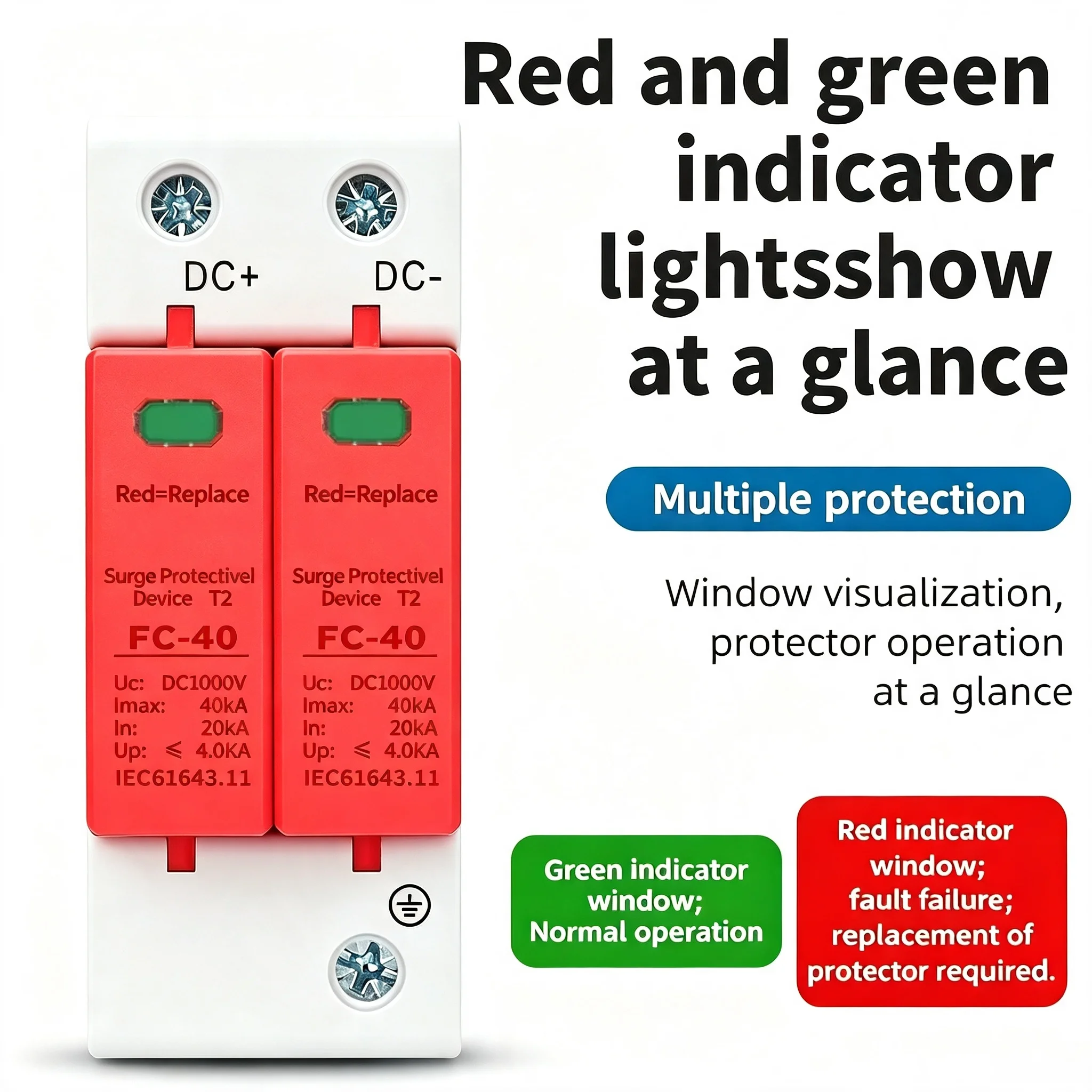 DC2P Series Surge Protection Device 500V 600V 800V 1000V for Photovoltaic Solar System Lightning Protection