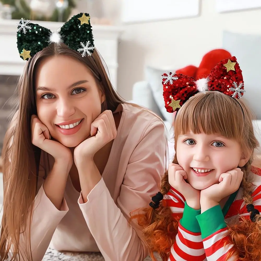 

Cute Shiny Bowknot Hair Hoop Non-slip Snowflake Christmas Hairband Head Wrap Sequins Christmas Headband Kids
