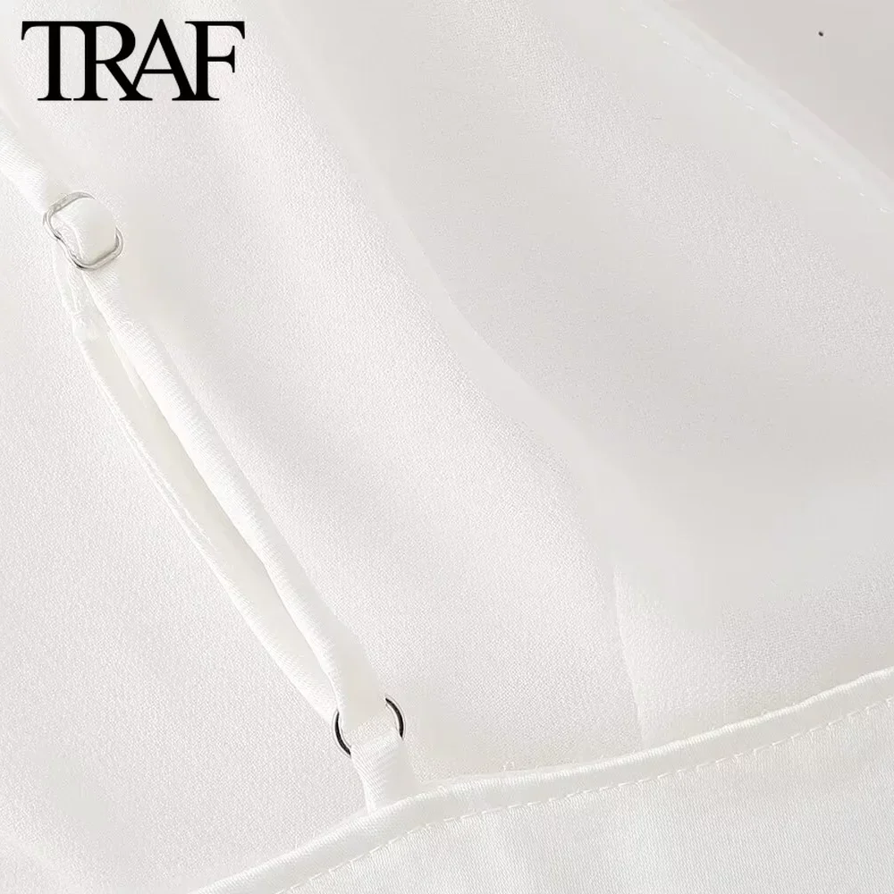 TRAF Women Fashion Summer New Sexy V-Neck Bow Satin Backless Sling Crop Top Chic Female Streetwear Clothing White Vest Mujer