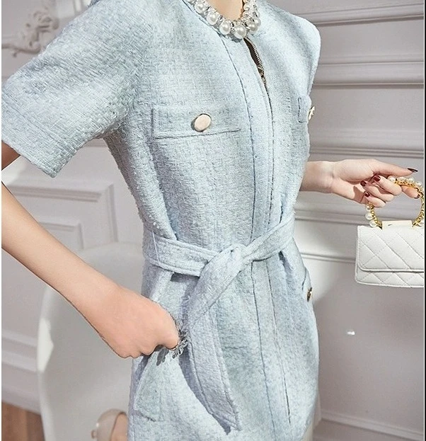 

Women blue tweed mini dress short sleeve tie cascading ruffle slim elegant dress