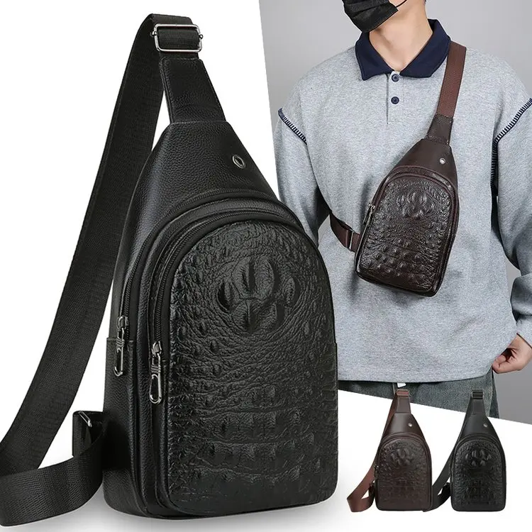 Men's Fashion Crocodile Pattern Soft Leather Crossbody Bag Casual Shoulder Bag Waterproof Diagonal Bag Leisure Backpack