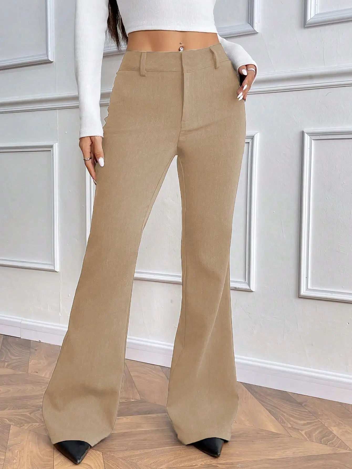 Nice Fashionable Low-waisted Trumpet Foot Mouth Upper Waist Front Door TR Twill Fabric Autumn And Winter Ladies Trousers