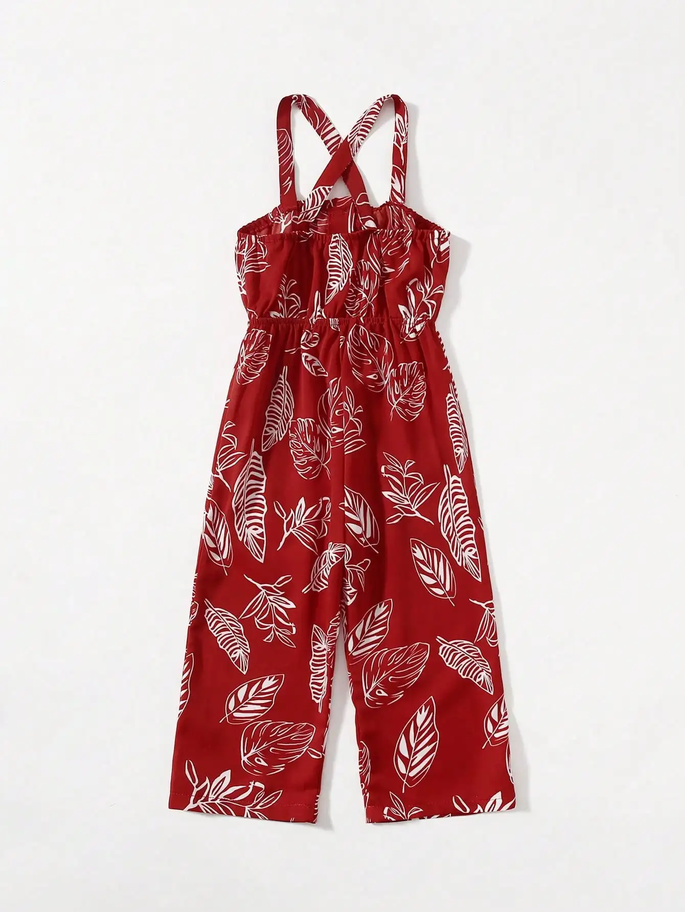 (6097) New Summer Style Girls' Tropical Maple Leaf Print Camouflage Jumpsuit with Buttons on the Front Placket