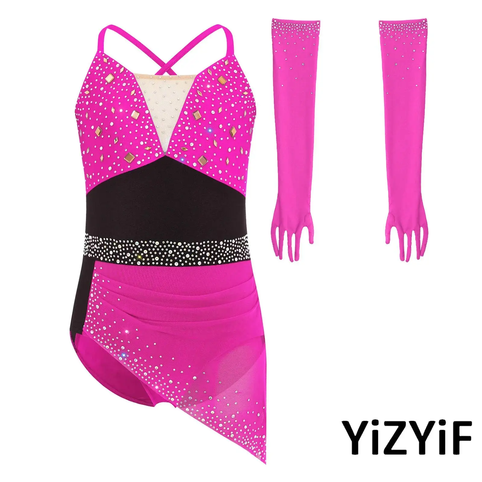 

Girls Figure Skating Dance Costume Sparkly Rhinestones Color Block Dress with Mesh Gloves Set for Ballet Jazz Dance Competition