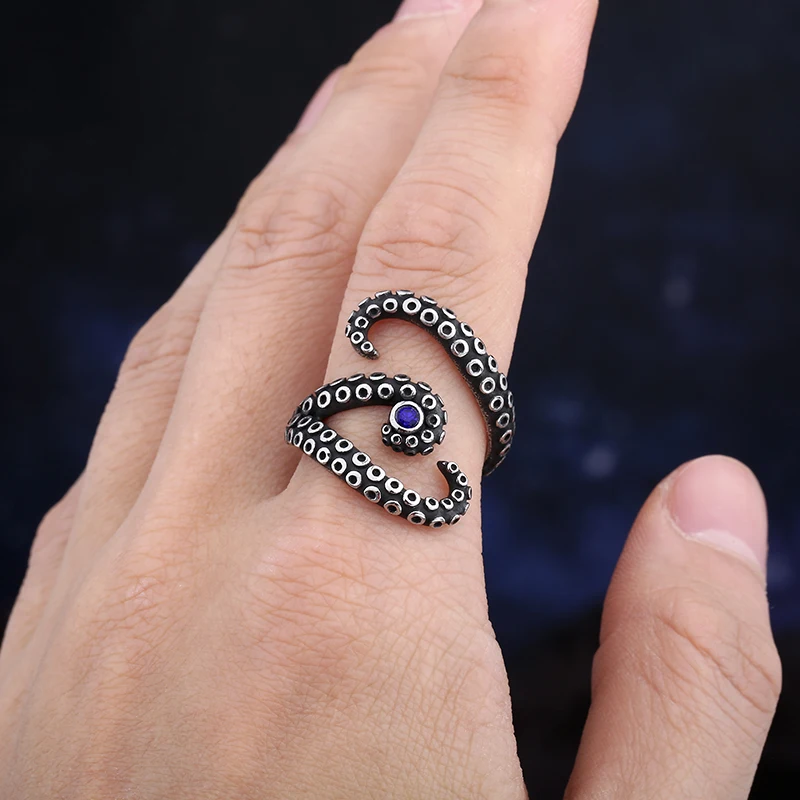 Fashion Men Rings WIth Blue Zircon Stainless Steel Vintage Octopus Style Irregular Pattern Trendy Accessories For Man Women Gift