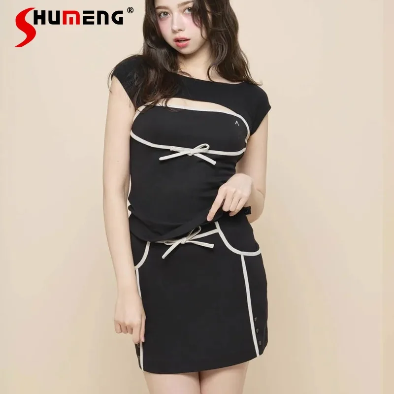 

2025 Summer New Japanese Sweet Bow Lace Suspender Short Sleeves Top Slings+T-shirt+Mini Skirt Three Pieces Set Women's Clothing