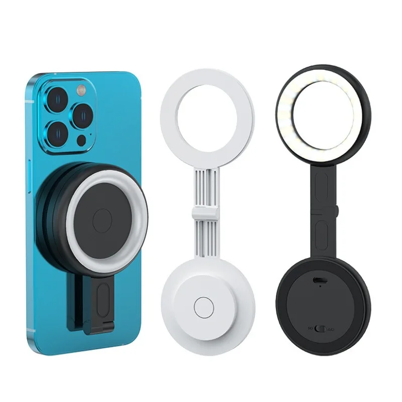 LED Magnetic Selfie Ring Light For iPhone 16 15 Magsafe Fill Light Photography Live Broadcast Ring Lamp Retractable Flip Bracket